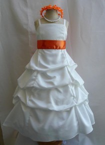 wedding photo - Flower Girl Dresses - IVORY with Orange Pick Up Dress (FD0SPU) - Wedding Easter Bridesmaid - For Children Toddler Kids Teen Girls