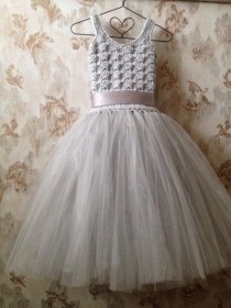 wedding photo - Gray flower girl tutu dress ankle length, crochet tutu dress, baby tutu dress, toddler tutu dress, wedding tutu dress