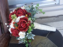 wedding photo - 16 Piece Real Touch Red Rose Silk Bridal Bouquet / Silk Wedding Flowers Set / Winter Weddding / Garden Wedding / Silk Wedding Flowers