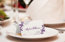 wedding photo - Wedding Place Card Template - DOWNLOAD Instantly - EDITABLE TEXT - Exquisite Vines (Purple & Silver) Foldover - Microsoft Word Format