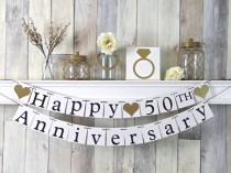 wedding photo - 50th Anniversary Banner, Happy Anniversary Banner, Anniversary Party Decor, Gold