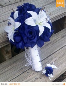 wedding photo - Sale -  Royal Blue Rose White Lily Wedding Bouquet with Boutonniere, Royal Blue Bouquet, Lily Bouquet, Royal Blue White Bouquet, Royal Blue 