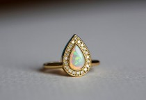 wedding photo - Opal Engagement Ring, Gold Engagement Ring, Pear Engagement Ring, Pave Diamond Ring, 18k Solid Gold