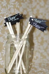 wedding photo - 50 Black Paper Flag Stir Sticks or Drink Stirrers with White Calligraphy