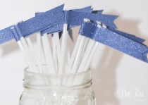 wedding photo - 25 Dark Ocean Blue Glitter Paper Flag Stir Sticks or Drink Stirrers - Cornflower