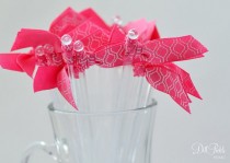 wedding photo - Quatrefoil Hot Pink Ribbon Cocktail Stirrers - 25 count - Clear drink stir sticks