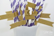 wedding photo - Purple & White Stripe Paper Straws with Gold Glitter Flags - 24 count - LSU