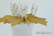 wedding photo - Gold Star Paper Straws with Gold Glitter Flags - 25 count