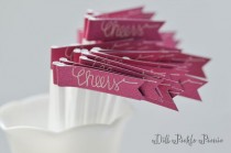 wedding photo - 50 Dark Hot Pink Glitter Flag with Calligraphy Stir Sticks or Drink Stirrers