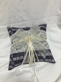 wedding photo - Custom Ivory and Star Wars Logo in grey wedding Ring Bearer Pillow