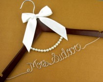 wedding photo - Personalized Wedding Dress Hanger with Pearls, Wire Name Hanger, Custom Bridal Bridesmaid Name Hanger