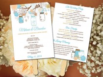 wedding photo - DIY Wedding Fan Program Template - Mason Jar Wedding Fan - Peach Gold Light Turquoise Rustic Ceremony Program - Outdoor Wedding Program Fan