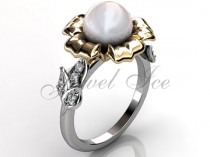 wedding photo - 14k two tone white and yellow gold white pearl diamond unusual unique floral engagement ring, bridal ring, wedding ring ER-1045-4