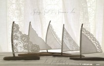 wedding photo - Five 4 to 5 inch Driftwood Sailboats Antique Lace and White Linen Sails Cake Topper Wedding Favors Beach Decor - Sweetest Sailing Boats EVER