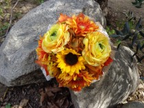 wedding photo - Fall bridal bouquet with sunflowers and trimmed with burlap