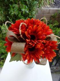 wedding photo - Bridesmaid bouquet in fall gerber daisy and trimmed in  burlap
