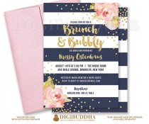 wedding photo - BRUNCH & BUBBLY INVITATION Bridal Shower Invite Pink Peonies Navy Stripes Gold Glitter Confetti Printable Rose Free Shipping or DiY- Krissy