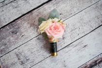 wedding photo - Shotgun Shell Wedding Boutonniere with Blush and Ivory Roses