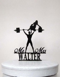 wedding photo - Personalized Wedding Cake Topper - Your Man is Strong! Weight lifting Groom silhouette with Mr&Mrs Last name