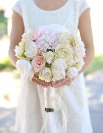 wedding photo - Silk Bride Bouquet Cream and Pale Pink Roses and Peonies Wildflowers Natural Bouquet Shabby Chic Vintage Inspired Rustic Wedding Keepsake