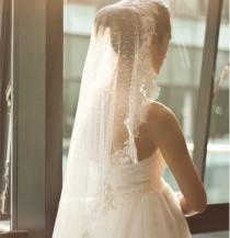 wedding photo - Ivory Cathedral Length Veil, Mantilla Veil, Swiss polka dots and lace trim veil, Ivory Bridal Veil Blusher, Tulle Bridal Veil, Wedding Veil