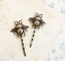 wedding photo - Bee Bobby Pins Honey Bee Hair Accessories Bumblebee Hair Clips Antique Gold Brass Woodland Wedding Bug Insect Bobbies Nature Garden