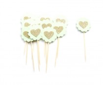 wedding photo - 12 Mint Green & Gold Glitter Heart Cupcake Toppers - wedding, engagement, birthday, baby shower, tea party