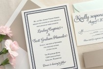 wedding photo - The English Garden Suite - Classic Letterpress Wedding Invitation Suite with Navy Blue Border, Shimmer Taupe Belly Band, Traditional, Formal