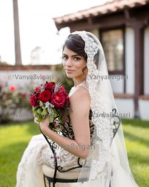 wedding photo - Beaded lace veil in fingertip length  Spanish wedding veil, Classic  bridal veil, Lace veil Mantilla