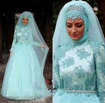 wedding photo - Romantic Muslim Wedding Dresses 2015 A Line Arabic Gown Beaded Sash Tulle High Neck Long Sleeve Lace Appliqued Blue Dubai Bridal Ball Gown Online with $124.61/Piece on Hjklp88's Store 