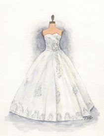 wedding photo - Custom Wedding Dress Painting Matted Watercolor Bridal Gift Portrait Sketch Fashion Illustration