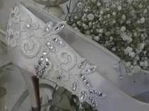 wedding photo - cream/ivory wedding shoes hand decorated lace and rinestone detailing vintage style uk size 7