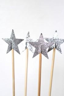 wedding photo - Sparkly Star Cake Pop Sticks, 12 decorated dessert toppers in pink, blue, yellow, gold or silver
