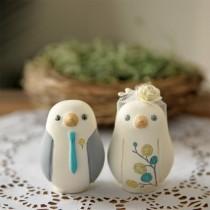 wedding photo - Custom Wedding Cake Topper - Small Hand Painted Love Birds with Nest and Painted Bouquet