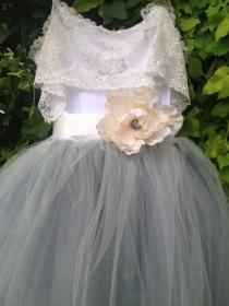wedding photo - Silver Gray Flower Girl Tutu Dress with Lace Collar / Tutu Gown / Junior Bridesmaids / Gray Tutu