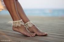 wedding photo - Dance of the pearls with champagne frilly guipure beach wedding barefoot sandals, bangle, wedding anklet,nude shoes,boho sandal,cuff