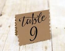 wedding photo - Rustic Wedding Table Number - Brown Kraft Tent Style Cards - Scallop Edge - Fall and Autumn - 4.25 inches