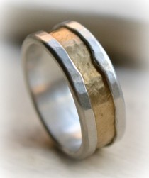 wedding photo - mens rustic fine silver and brass ring - handmade hammered artisan designed wedding or engagement band - customized