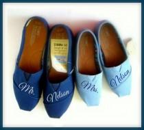 wedding photo - Bride and Groom Hand Painted Authentic TOMs, His and Hers, Mr and Mrs, wedding shoes for bride and groom, custom TOMS bridal shoes, slip ons