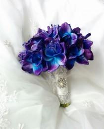 wedding photo - Wedding Natural Touch Blue Purple dendrobium orchids Wedding Bouquet with Brooch and Diamond Mesh Accents - Silk Wedding Bouquet
