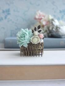 wedding photo - Mint and Ivory Flower Comb, Brass Leaf Filigree Flower Collage Hair Wedding Comb, Bridesmaid Comb, Woodland Comb Mint Country Nature Wedding