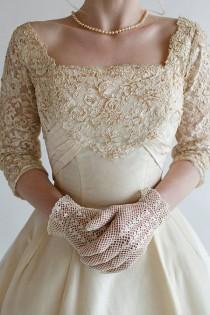wedding photo - Vintage Ivory Wedding Gloves / 1950s Crochet Bridal Gloves