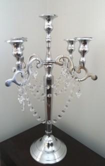 wedding photo - Glamorous 5 Arm Silver Candelabra with Chandelier Prisms 51cm Tall Wedding Centerpieces