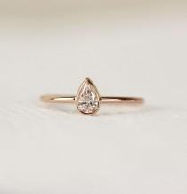 wedding photo - 14k Solid Gold Pear Shape Diamond Engagement Ring In Bezel Set,Simple and Elegant Wedding Ring
