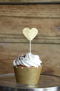 wedding photo - Glitter Heart Cupcake Toppers, 12 bronze, gold, pink, hot pink, silver or red picks, custom colors available