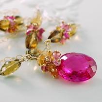 wedding photo - Hot Pink Topaz Necklace Fuchsia Gemstone Cognac Quartz Citrine Genuine Ruby Gold Wedding Jewelry - Golden Morning - Complimentary Shipping
