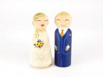 wedding photo - Wedding Cake Topper, Personalized Cake, Painted Peg Dolls, Unique Cake Topper, Peg Bride and Groom, Wooden Wedding Topper, Peg Doll Family