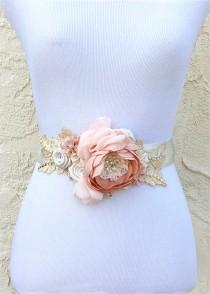 wedding photo - Blush Champagne Ivory Sash with Swarovski Sew on Crystal  Pearls and Lace for a Bride, Bridesmaid, Event