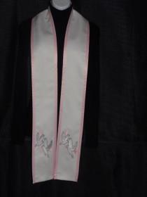 wedding photo - Graduation stole.. Clergy religion sashes  Embroidered white Dove of peace in heavyweight white satin with pink satin trim