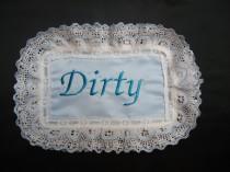 wedding photo - Kitchen decor Embiodered dishwasher sign saying dirty & clean in heavyweight baby blue satin..with blue lace all around and is magnetized